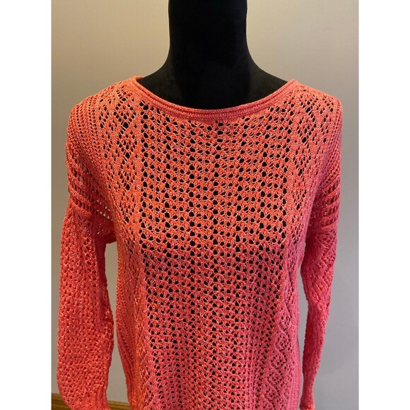 Chico’s Loose Open Weave Sweater Size Medium Orange Tangerine Round Neckline - Picture 2 of 11